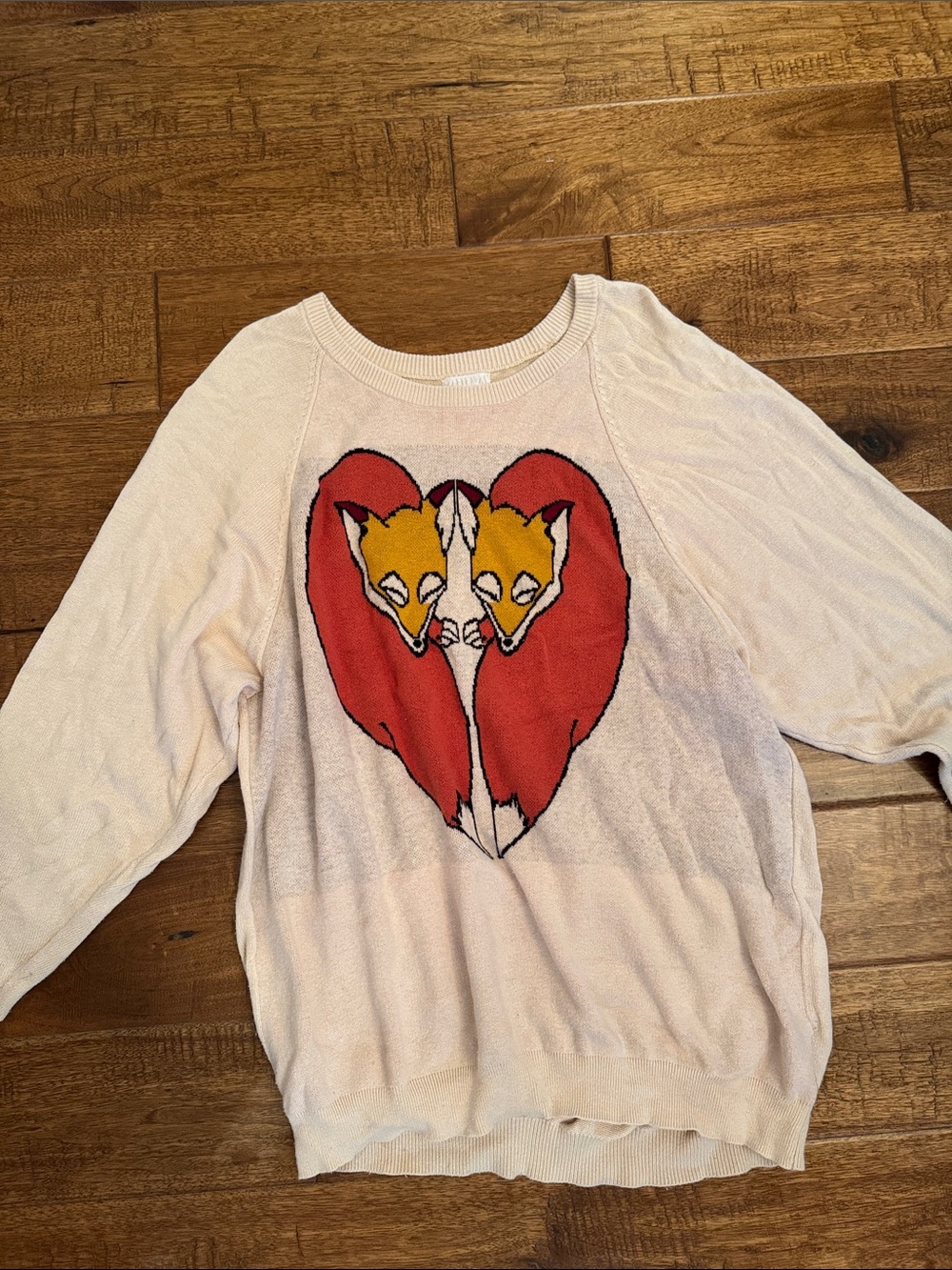 Urban Outfitters Cream Sweater with Red Heart and Yellow Fox Graphic